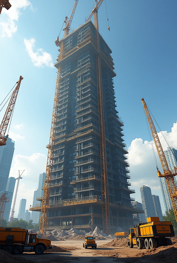 (photorealism:1.2), High-rise building under construction, machines working, beautiful photography