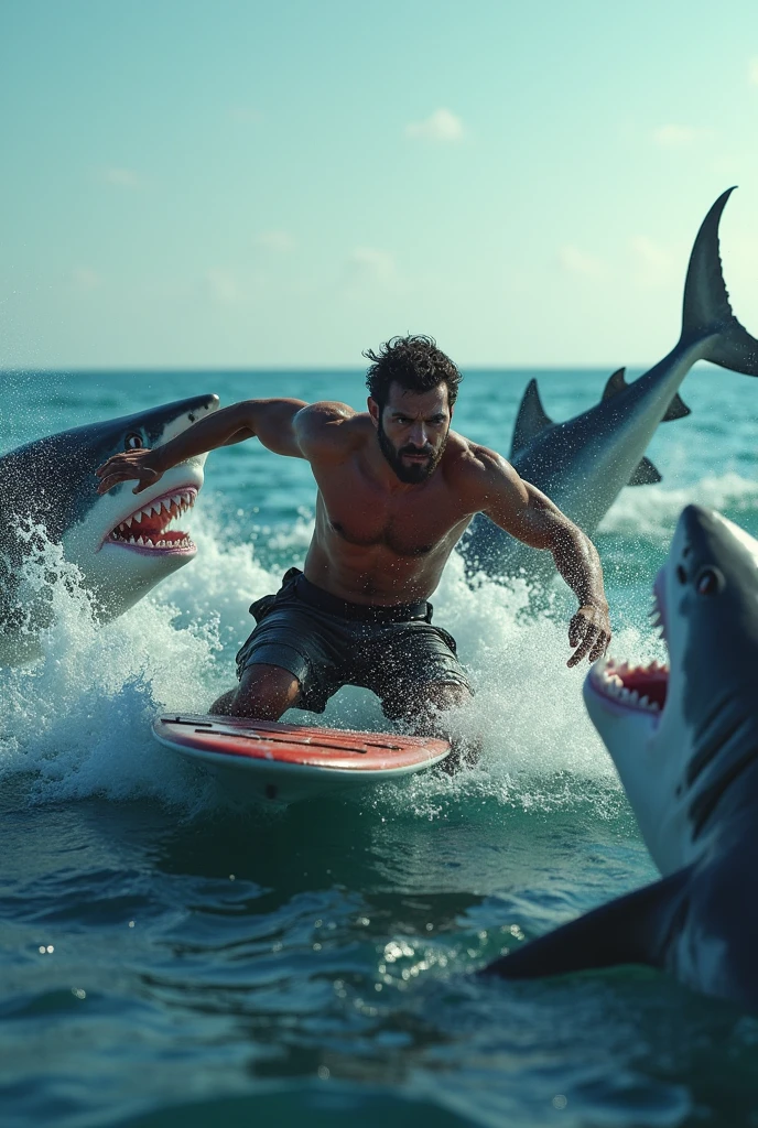 A man on a raft board fighting with sharks in the ratio of 1920/1080