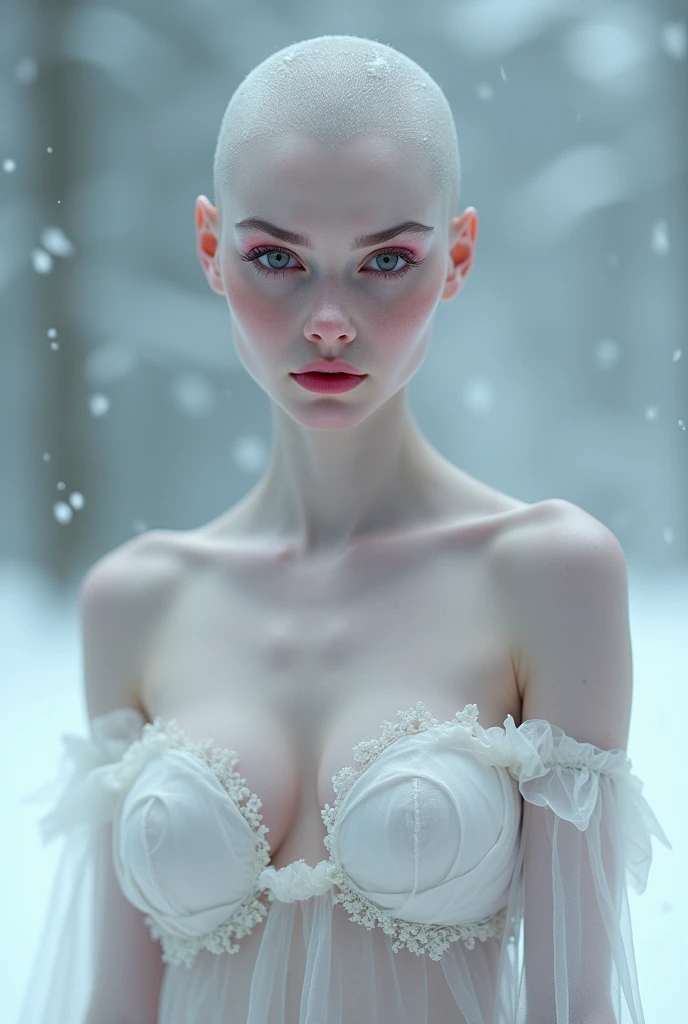 Ectomorph Girl, bald spot, very big breasts, snow white skin, fuchsia eyes, transparent white dress, snowy background, sexy look, sexy body.