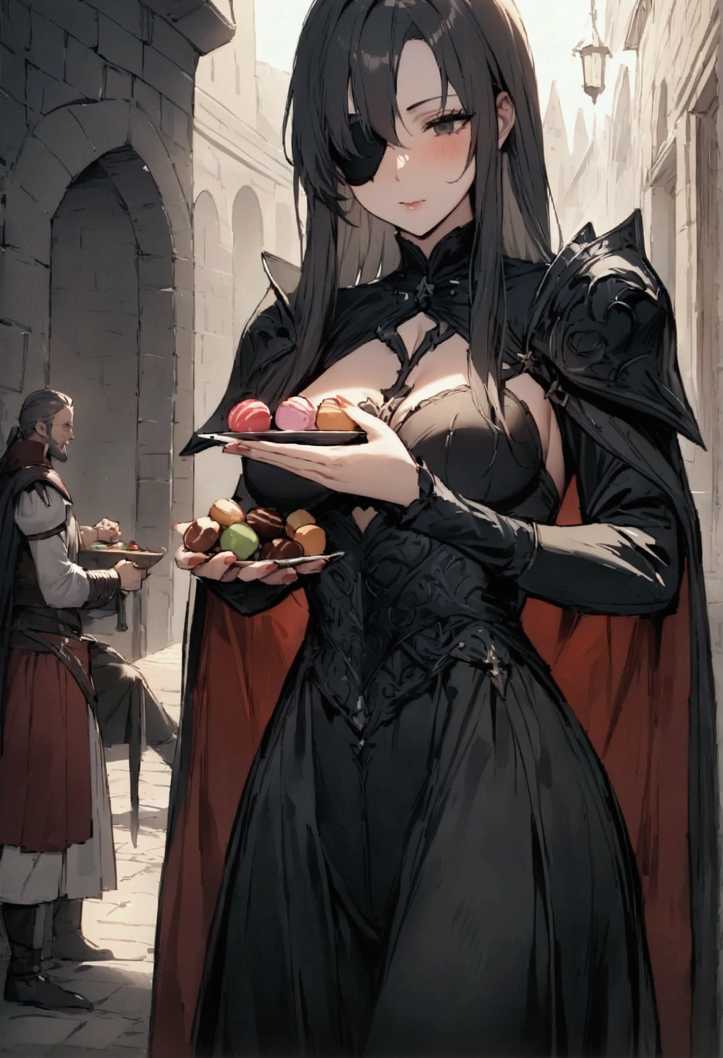 masterpiece,Highest quality,Super quality,Medieval fantasy works,A woman with a strong black image and an eyepatch,Be kind to your subordinates,Actually a good guy,Picking out her favorite sweets