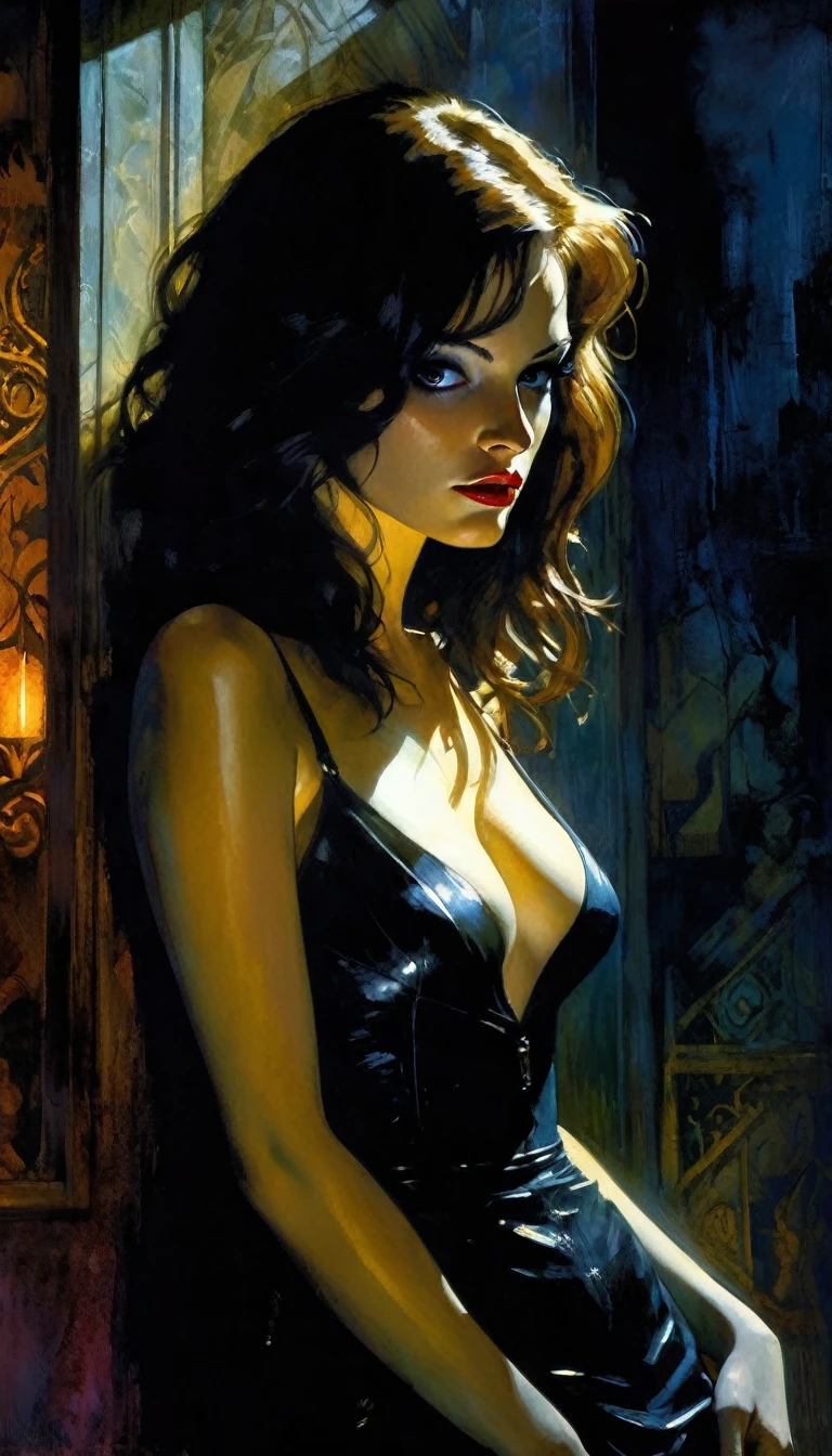 the sexy girl in the house of magic, between shadows, oil painting, chiaroscuro, dramatic lighting, moody atmosphere, photorealistic, intricate details, masterpiece, ultra-detailed, high quality, 8k, best quality, realistic, cinematic, dark and brooding, expressionistic, powerful composition, emotional impact, Bill Sienkiewicz inspired art
