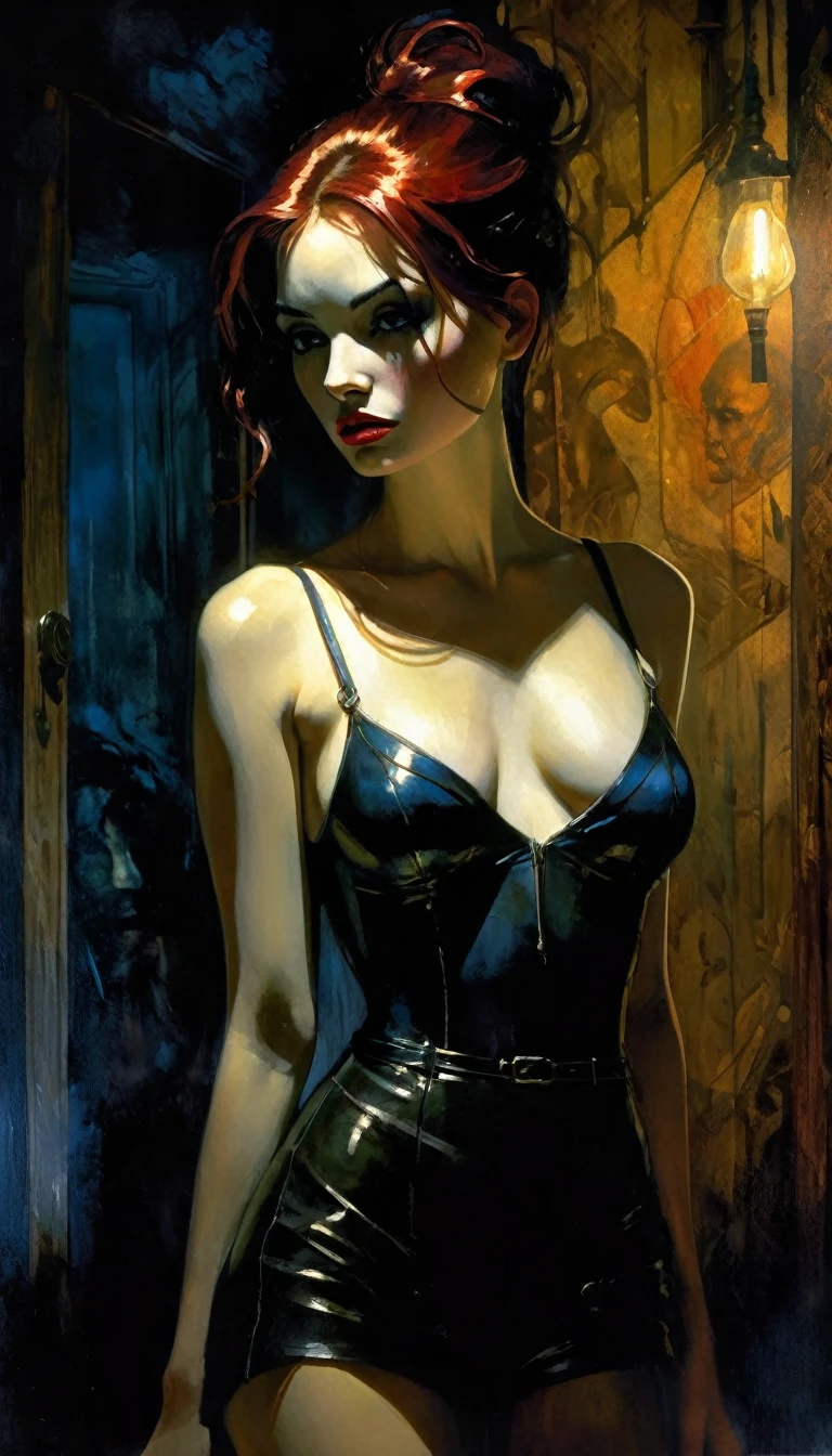 the sexy girl in the house of magic, between shadows, oil painting, chiaroscuro, dramatic lighting, moody atmosphere, photorealistic, intricate details, masterpiece, ultra-detailed, high quality, 8k, best quality, realistic, cinematic, dark and brooding, expressionistic, powerful composition, emotional impact, Bill Sienkiewicz inspired art