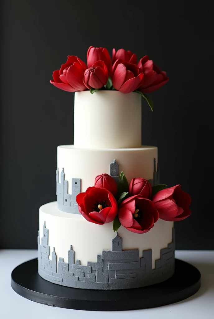 simple black and white victorian style cake with subtle red tulips