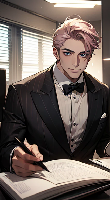 (best quality,4k,8k,highres,masterpiece:1.2),ultra-detailed,(realistic,photorealistic,photo-realistic:1.37),1 man,31 years old,mature man,very handsome,without expression,smile,short grey pink hair,blue eyes,penetrating gaze, CEO in his office, huge with classic and modern architecture looking at his prey with a mischievous smile. wearing a modern grayish brown suit, with a black tie and yellow stripes.
perfect face without errors,imposing posture,businessman,office background,cinematic lighting,hdr image