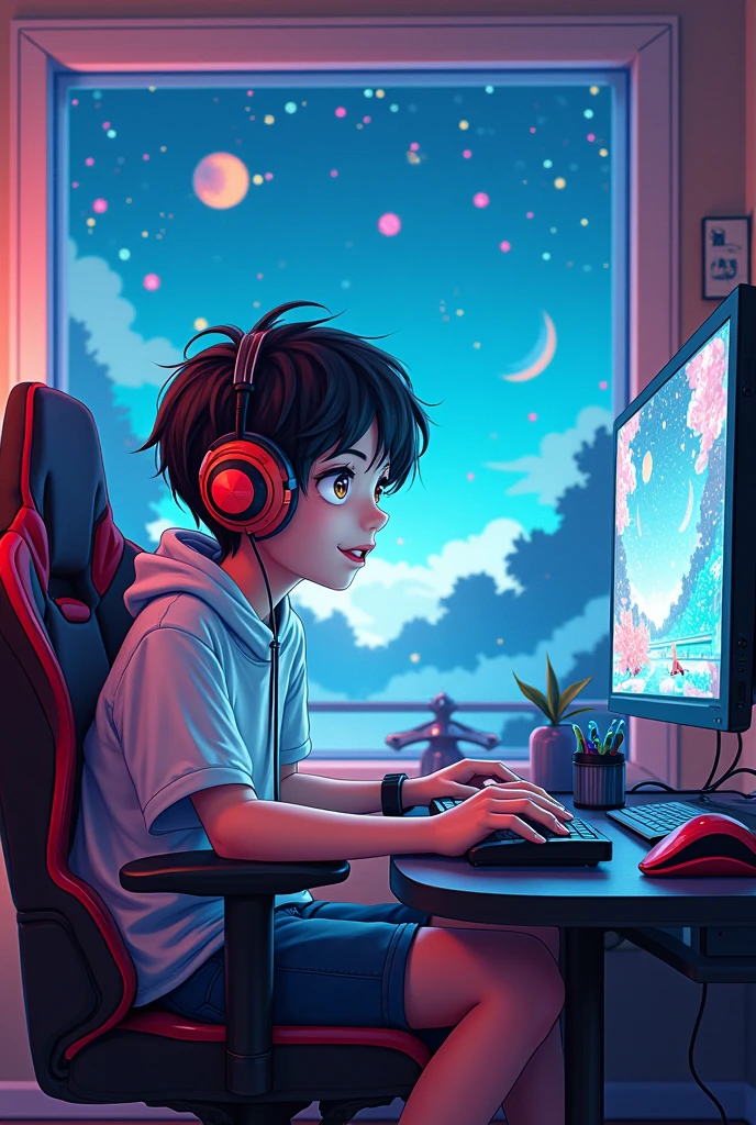 A teenager plays a video game in anime style
