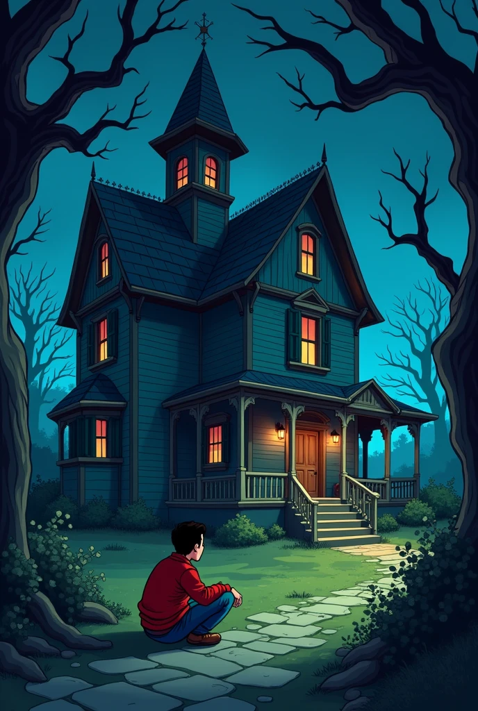 night That man was sitting near that horror house  disny cartoonHe got up from there He walked towards that house