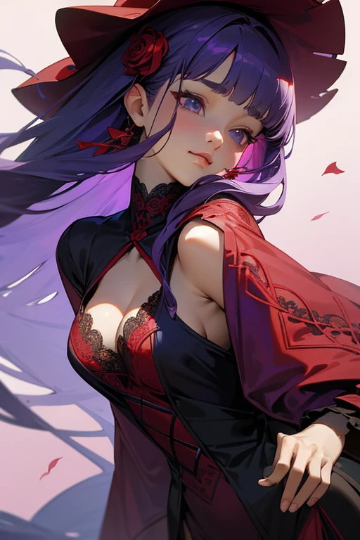 Face close-up、1 person, Blunt bangs, Wide sleeves, hair ornaments,Red and navy lace、(Purple Hair:1.2), Very long hair, Straight hair, Looking at the audience, Highly detailed background, (Realistic:1.2), Beautiful Eyes, Red eyeshadow, Written boundary depth,thigh, (Urzan-6500:0.7), Upper Body, (alone:1.2), Cleavage, Glowing Skin、Hair blowing in the wind、Four fingers, One thumb、Rose、Floral pattern on clothes、Keep your hands on your hips、Face close-up、close、Stick your butt out、Laugh gently、