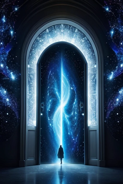 Surreal scene, cosmic starry night background, swirling galaxies, ethereal light, a human figure dissolving into particles of light, massive door or gateway opening, bright light emanating from the door, abstract shapes, symbolizing freedom and transcendence, spiritual, liberating, infinite possibilities beyond the self, cinematic, epic, highly detailed, 16:9 aspect ratio.
You can adjust specific elements depending on the desired style or focus.