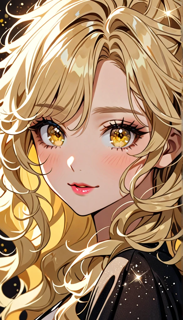 Beautiful and blond messy styled hair, best quality, beautiful woman, amorous expression, blonde messy wavy hair, light blonde hair, yellow eyes, make-up, sparkly fluffy, flaunting her hair