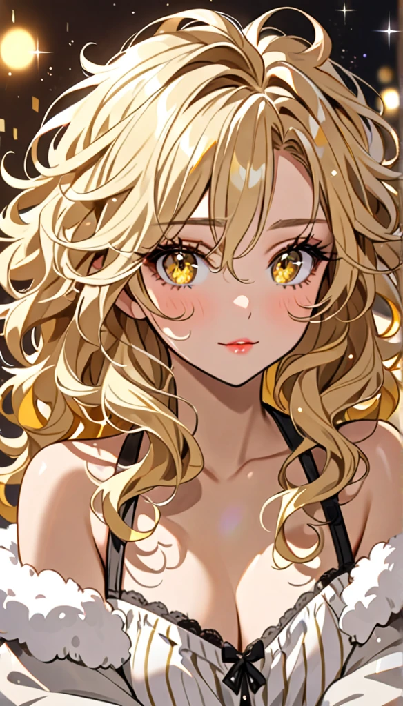 Beautiful and blond messy styled hair, best quality, beautiful woman, amorous expression, blonde messy wavy hair, light blonde hair, yellow eyes, make-up, sparkly fluffy, flaunting her hair