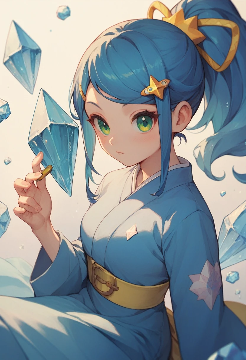 Score9,score8,score7,Princess Fubuki,Yokai Watch,small,Blue Hair,Bright blue kimono,Ice Crystal Hairpin,Cute Face,Yellow belt,Green Eyes,ponytail,