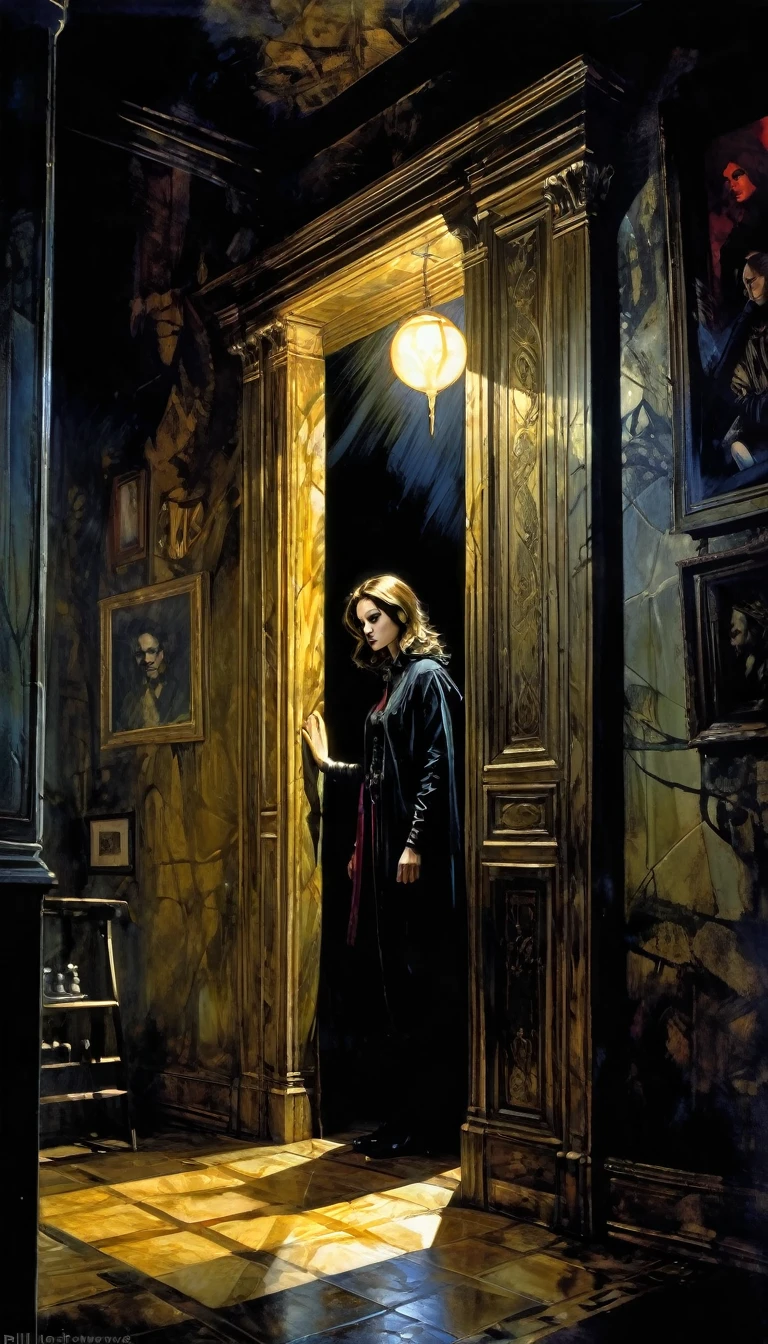 the house of magic, between shadows, oil painting, chiaroscuro, dramatic lighting, moody atmosphere, photorealistic, intricate details, masterpiece, ultra-detailed, high quality, 8k, best quality, realistic, cinematic, dark and brooding, expressionistic, powerful composition, emotional impact, Bill Sienkiewicz inspired art