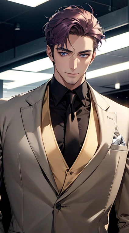 (best quality,4k,8k,highres,masterpiece:1.2),ultra-detailed,(realistic,photorealistic,photo-realistic:1.37),1 man,31 years old,mature man,very handsome,without expression,smile,short purple hair,blue eyes,penetrating gaze, CEO in his office, huge with classic and modern architecture looking at his prey with a mischievous smile. wearing a modern grayish brown suit, with a black tie and yellow stripes.
perfect face without errors,imposing posture,businessman,office background,cinematic lighting,hdr image