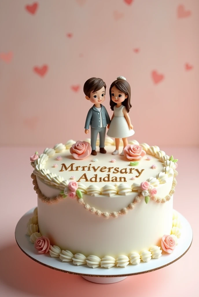 Anniversary cake for Mr& Mrs adnan name write on it and boy and girl sticks on the top
