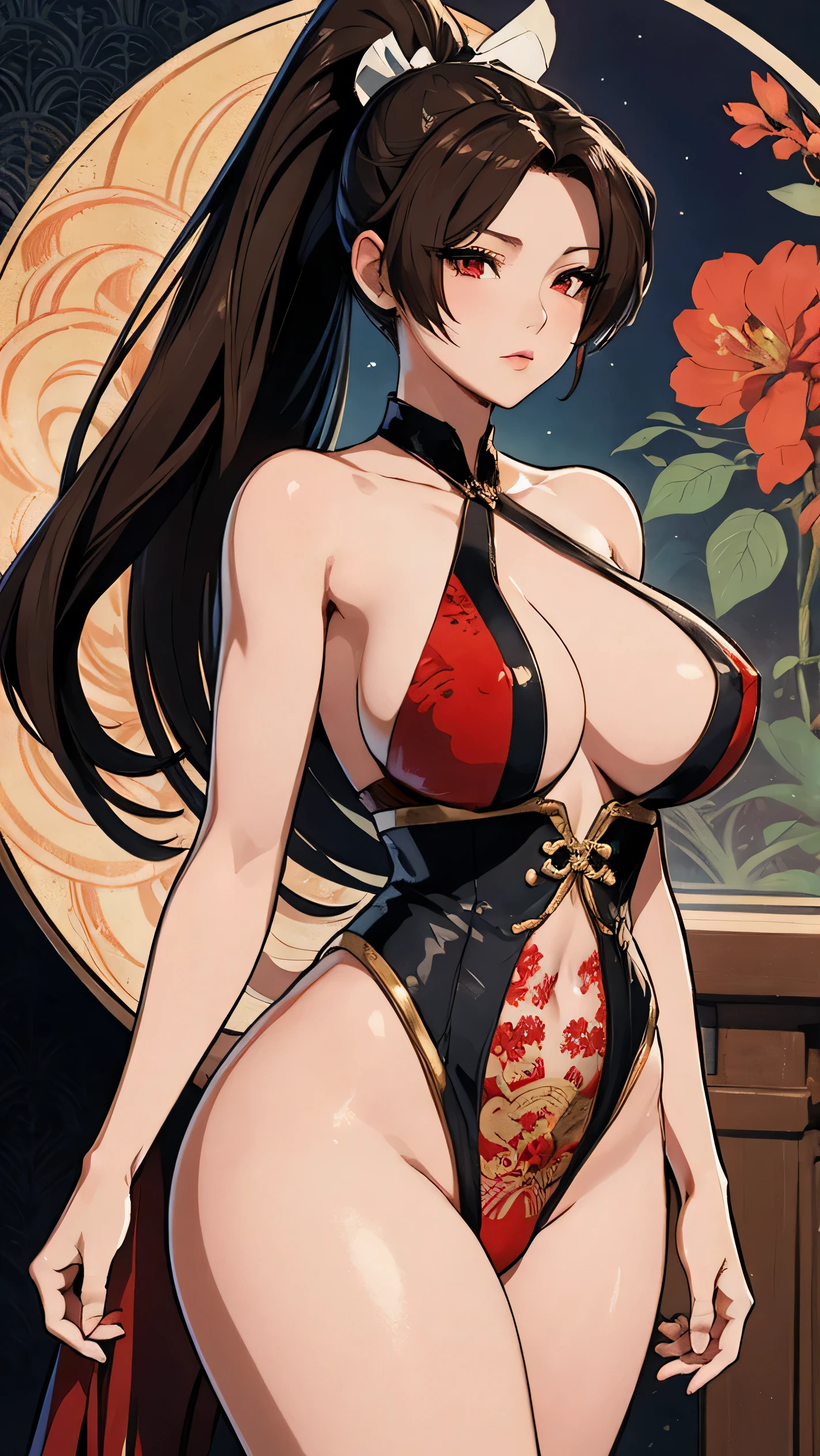 Komi Shouko wearing a Mai Shiranui cosplay, ((masterpiece)), (best quality) photorealistic ,fantasy, beautiful woman, good mood, topless ,beautiful round breasts, large breasts, dress-corset ,micro panties ,show your neck, bare shoulders ,show navel,exposed camel toe, Plum blossom tattoo on butt ,big eyes, long, thick eyelashes, plump lips, dark red eyes, blond hair long and thick, high ponytail, Intricate designs and patterns in the style of Alphonse Mucha ,Art Nouveau water color painting flowery dim light background