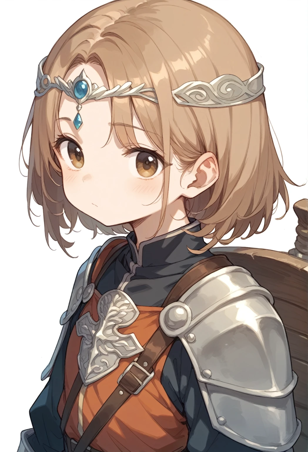 Leather armor、A small circular shield in the left hand、pale brown hair、Brown Eyes、Monastic uniform、White background、Character portrait、whole body,Deformation、Circlet、pale look