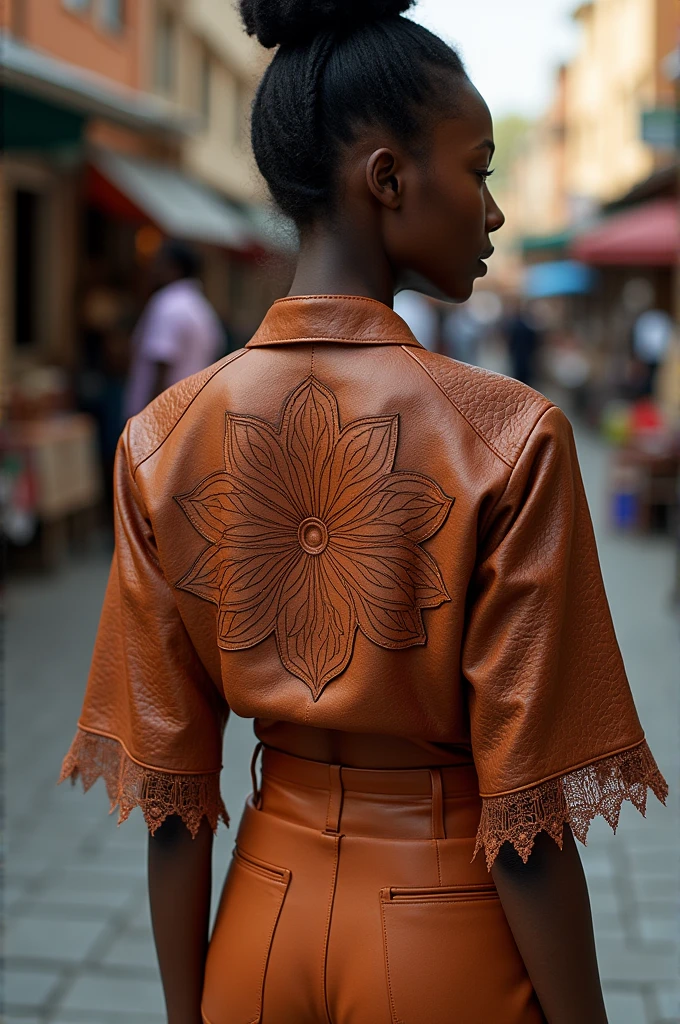 Create a casual garment, with embossed leather textile Mburukuya flower design and lace
