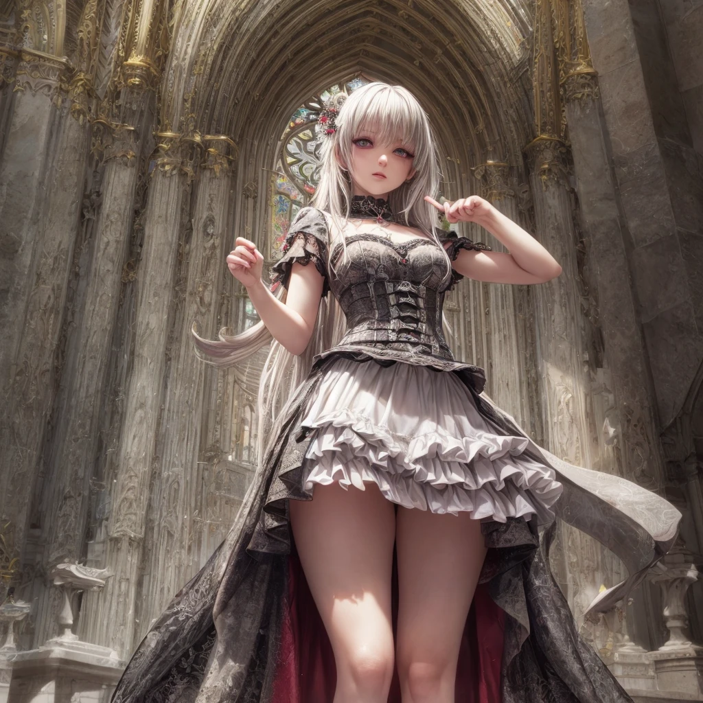 a gothic lolita girl in a majestic cathedral, beautiful detailed eyes, beautiful detailed lips, extremely detailed eyes and face, long eyelashes, elegant gothic dress with a skirt full of frills, red accent embroidery, long shining white hair, mysteriously glowing crimson eyes, queen, crystal flower, sparkling stained glass like a kaleidoscope, layered skirt with detailed embroidery, very layered ruffles, detailed texture, a geometric magic circle above her head, ornamented silver walking stick, the hidden forbidden sanctuary, cool pose, glamour, from below, (best quality, 4k, 8k, highres, masterpiece:1.2), ultra-detailed, (realistic, photorealistic, photo-realistic:1.37), HDR, UHD, studio lighting, ultra-fine painting, sharp focus, physically-based rendering, extreme detail description, professional, vivid colors, bokeh