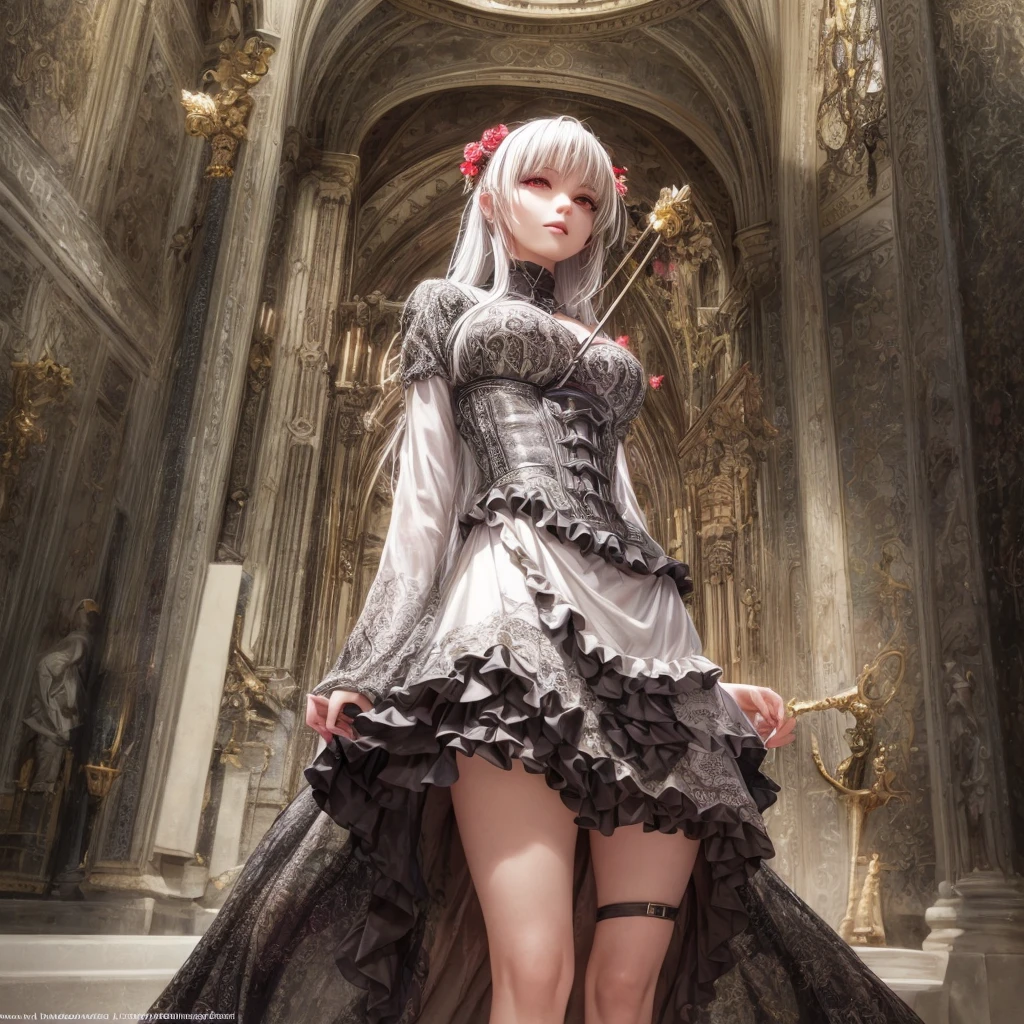 a gothic lolita girl in a majestic cathedral, beautiful detailed eyes, beautiful detailed lips, extremely detailed eyes and face, long eyelashes, elegant gothic dress with a skirt full of frills, red accent embroidery, long shining white hair, mysteriously glowing crimson eyes, queen, crystal flower, sparkling stained glass like a kaleidoscope, layered skirt with detailed embroidery, very layered ruffles, detailed texture, a geometric magic circle above her head, ornamented silver walking stick, the hidden forbidden sanctuary, cool pose, glamour, from below, (best quality, 4k, 8k, highres, masterpiece:1.2), ultra-detailed, (realistic, photorealistic, photo-realistic:1.37), HDR, UHD, studio lighting, ultra-fine painting, sharp focus, physically-based rendering, extreme detail description, professional, vivid colors, bokeh