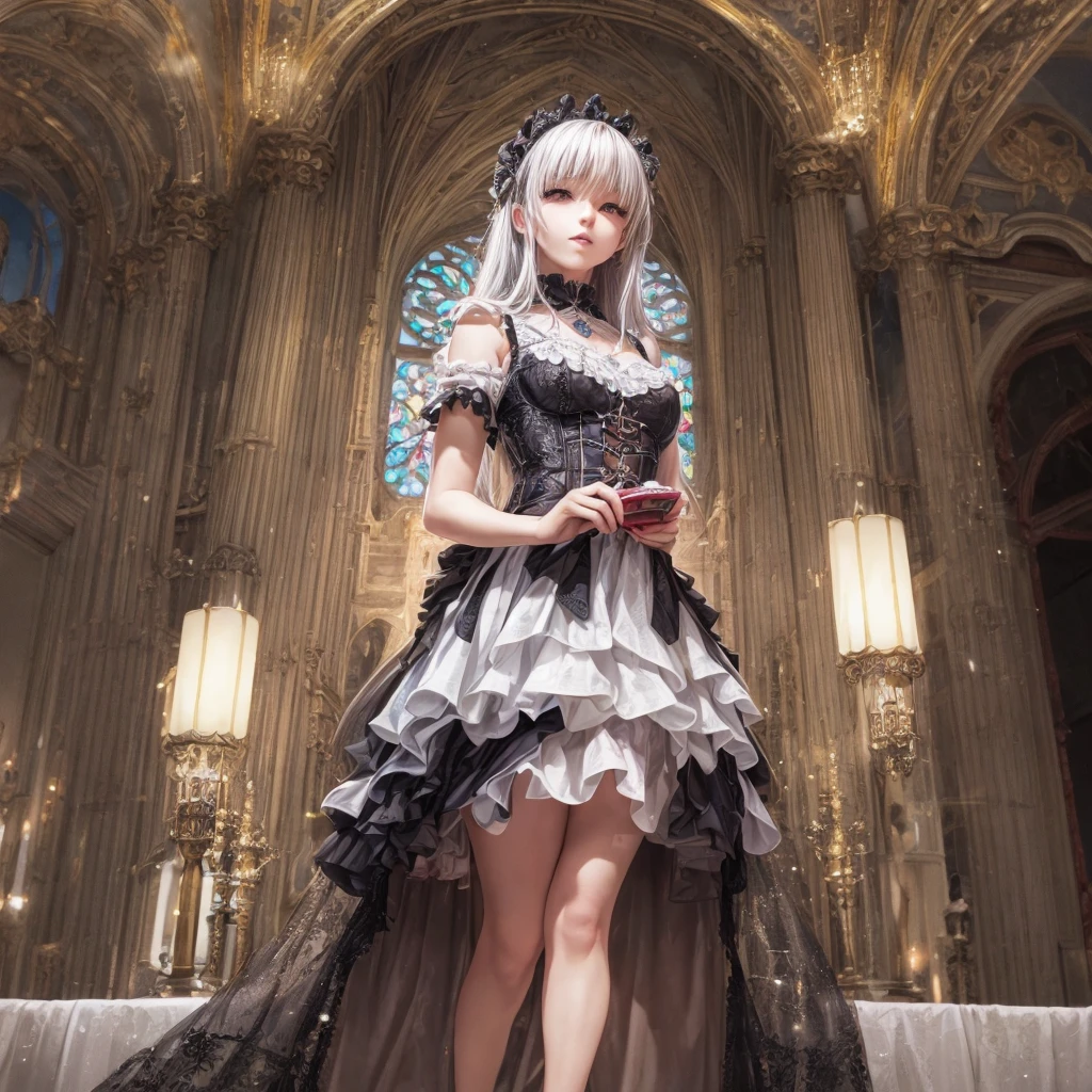 a gothic lolita girl in a majestic cathedral, beautiful detailed eyes, beautiful detailed lips, extremely detailed eyes and face, long eyelashes, elegant gothic dress with a skirt full of frills, red accent embroidery, long shining white hair, mysteriously glowing crimson eyes, queen, crystal flower, sparkling stained glass like a kaleidoscope, layered skirt with detailed embroidery, very layered ruffles, detailed texture, a geometric magic circle above her head, ornamented silver walking stick, the hidden forbidden sanctuary, cool pose, glamour, from below, (best quality, 4k, 8k, highres, masterpiece:1.2), ultra-detailed, (realistic, photorealistic, photo-realistic:1.37), HDR, UHD, studio lighting, ultra-fine painting, sharp focus, physically-based rendering, extreme detail description, professional, vivid colors, bokeh