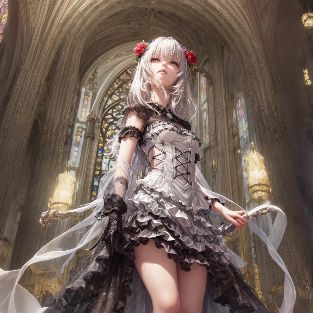 a gothic lolita girl in a majestic cathedral, beautiful detailed eyes, beautiful detailed lips, extremely detailed eyes and face, long eyelashes, elegant gothic dress with a skirt full of frills, red accent embroidery, long shining white hair, mysteriously glowing crimson eyes, queen, crystal flower, sparkling stained glass like a kaleidoscope, layered skirt with detailed embroidery, very layered ruffles, detailed texture, a geometric magic circle above her head, ornamented silver walking stick, the hidden forbidden sanctuary, cool pose, glamour, from below, (best quality, 4k, 8k, highres, masterpiece:1.2), ultra-detailed, (realistic, photorealistic, photo-realistic:1.37), HDR, UHD, studio lighting, ultra-fine painting, sharp focus, physically-based rendering, extreme detail description, professional, vivid colors, bokeh