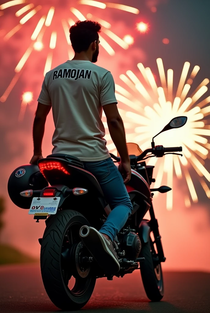 Hi Leonardo, I want you to generate an image, A Lawyer who is with a Pulsar NS200 . The background of the image must be fireworks, The lawyer must be wearing a t-shirt with the name RAMOJAN on the back., In his right hand he must carry a certified helmet.
The image must be like a WhatsApp profile.
The image should be a little further away, not so close.
