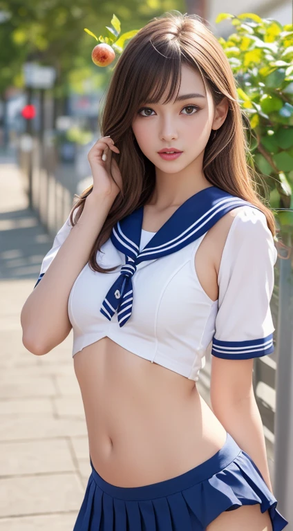 (Highest quality:1.4), (super high quality), (Very detailedな), 1 beautiful girl,Browsing Caution,software,nude,nude, very cute, Great face and eyes, Not realizing this, (A short-sleeved sailor suit made of thin white fabric..., Browsing Caution,Grape Pleated Micro Mini Skirt:1.5), (Beautiful and incredibly large breasts:1.3), (Slender body:1.1), (thin thin legs), (Very small waist), belly button, Realistic skin texture, bangs:1.3, Bright and shiny lips, A beautiful goddess descends, Beautiful background, Golden Ratio, Conceptual Art, Very detailed, Accurate, Advanced Details, Outdoor, Sexy Art, Enveloped in the summer sun, Bright light, Ultra-detailed illustration details, 8K wallpapers combining high-resolution CG, RAW Photos, Professional photos, Cinema Lighting, Written boundary depth, (Uniform and no bra:1.2), (The shape of her nipples is visible through her uniform.:1.2), (The nipple protrusions are pushing up the uniform), (Her big breasts spread out in her uniform:1.2), I&#39;Chest massage causes shortness of breath, Cropped top with fluttering hem:1.3, Underbust:1.3, (High heels on bare feet)