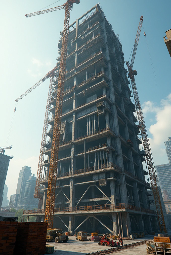 (photorealism:1.2), High-rise building under construction, machines working, beautiful photography, horizontal photography