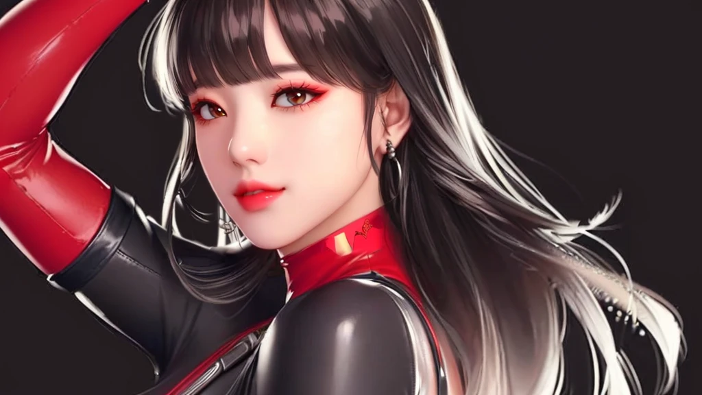 (((Perfect body,White and tender skin,(((BodySuit_lady_deadpool_ownwaifu,bodysuit, skin tight, superhero, Belt Pouch, utility belt, red bodysuit, gloves, weapon on back, thigh pouch, thigh strap, thigh holster, belt buckle, turtleneck, ))),(((ailisha,Black long hair, super long hair, slanted bangs, brown eyes, red lips))),((masterpiece)),high resolution, ((Best quality at best)),masterpiece,quality,Best quality,((( Exquisite facial features,Looking at the audience,There is light in the eyes,Smile))),Open your hands))),(((Light and shadow,Huge breasts,))),(((Looking at the camera,black background,)))),