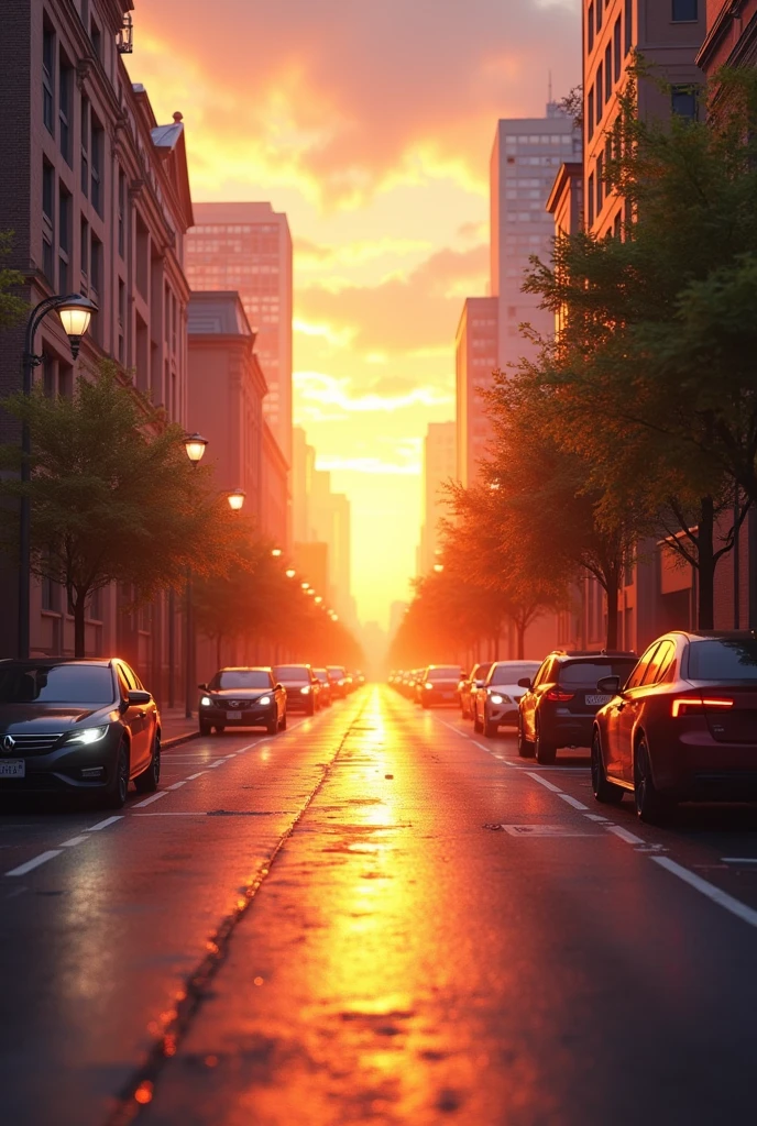 create real photo in the middle of the street in the morning with a sunrise