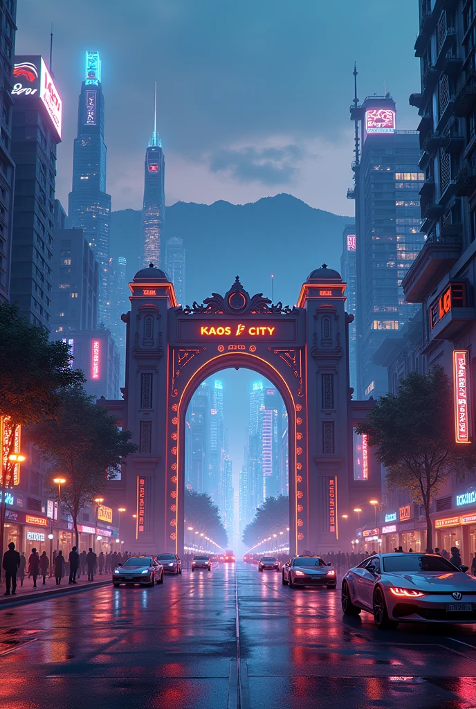 A green city with apartments and roadside train and mountains with an entrance gate marked Kaos city and an company named k-electronics add in VIP cars and it's at night with night clubs