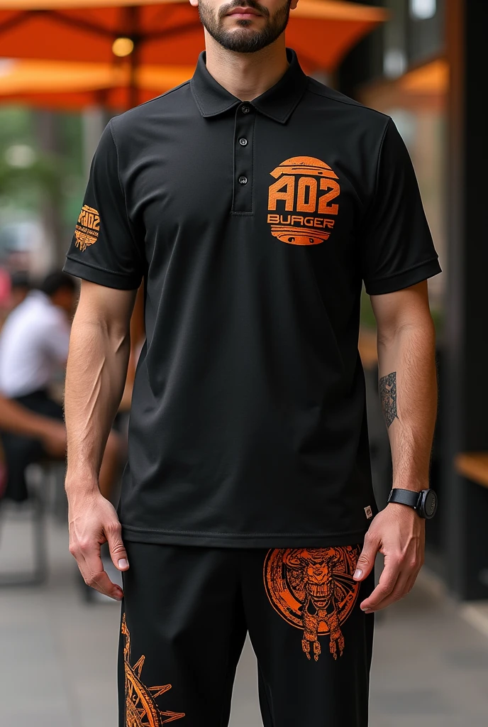 Design a complete uniform for a burger restaurant called 402 BURGER with an urban style, Black with small orange details, polo shirt and jogger pants that are disruptive innovation, that have a tribal with the word 402 BURGER on the shirt and that have an animal that can represent the 402 brand and that has to do with hamburgers.