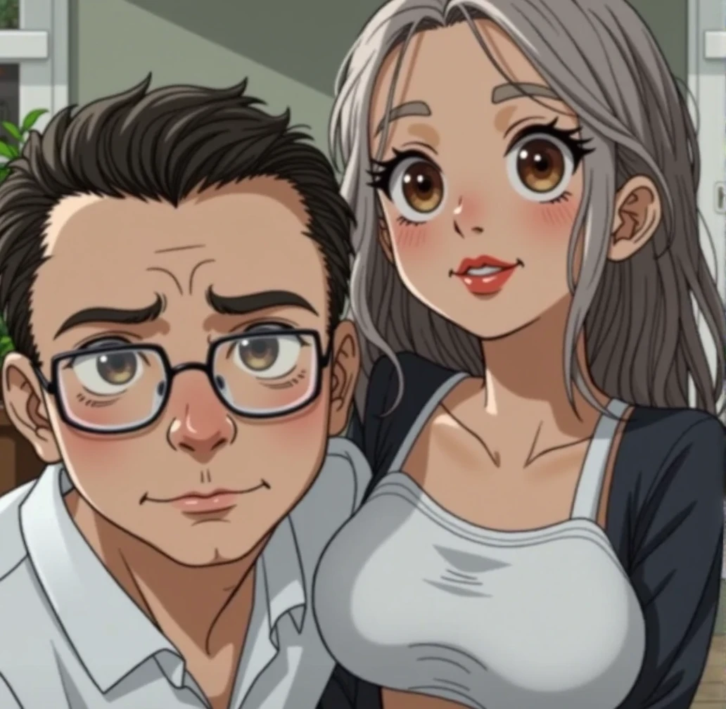 man about 40 years old, a little robust,with lenses, Standing with his girlfriend, showing love, wearing a loose black off-shoulder blouse , mini skirt, Long and curly hair, with glasses, outdoor, Soft lighting, Plants in the background, window with sunlight, relaxed pose, realist