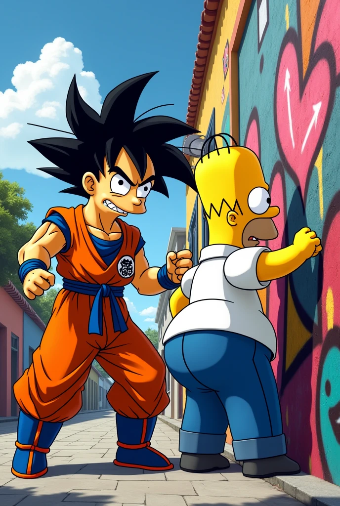 Goku graffitiing in Guatemala with Homer Simpson 