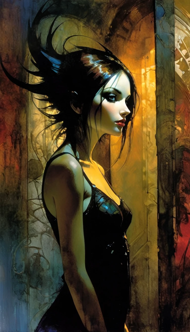 the sexy girl in the house of magic, between shadows, oil painting, chiaroscuro, dramatic lighting, moody atmosphere, photorealistic, intricate details, masterpiece, ultra-detailed, high quality, 8k, best quality, realistic, cinematic, dark and brooding, expressionistic, powerful composition, emotional impact, Bill Sienkiewicz and Dave mcKean inspired art