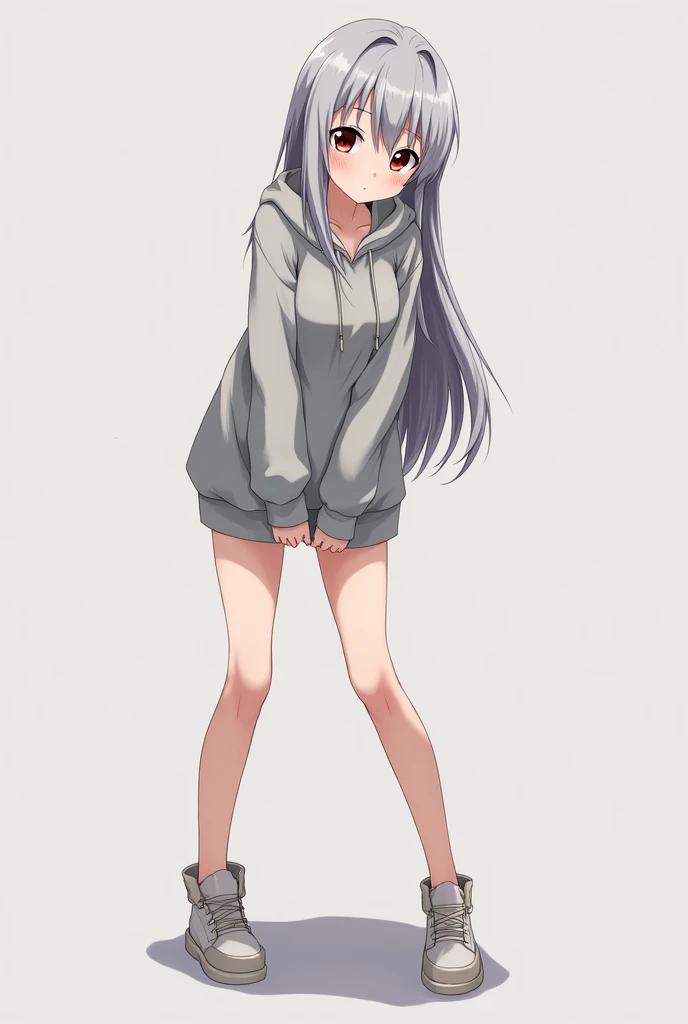 Loose grey hoodie,Small size spats,Gray Hair,long hair,blush,Blowjob,Show the whole picture,Slim beautiful legs,anime,Are standing,Grab your crotch with your hands