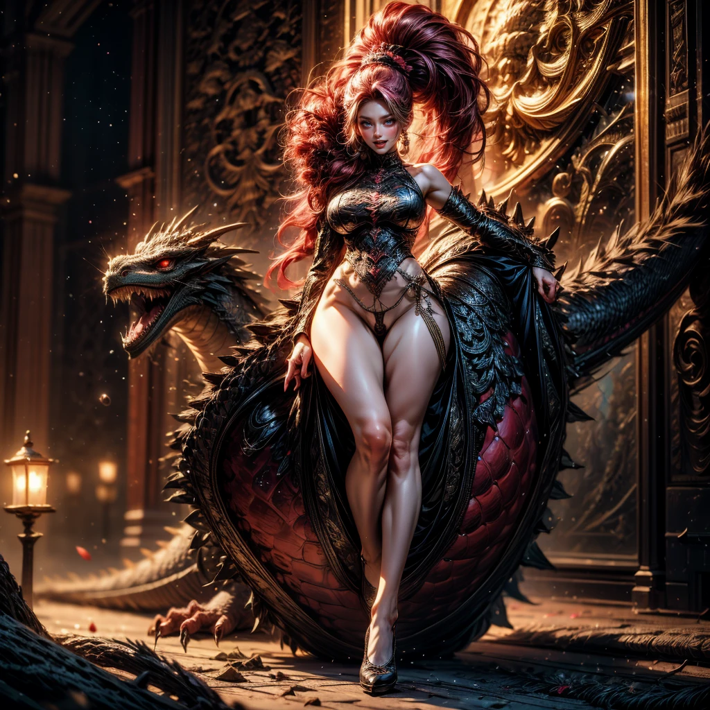 (Full Body of Extremely Detailed Dragon girl) with (Sparkling Red eyes)  Pink hair in a high ponytail, liquid hair, flowers, (Huge dragon head) in background, 8K TopQuality UltraDetailed Masterpiece of Professional Photo, HDR ultra-fine painting, LifeLike rendering, extreme detail description, professional, Bright colors, bokeh, (Exposed Hourglass Body Shape)