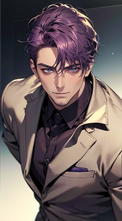 (best quality,4k,8k,highres,masterpiece:1.2),ultra-detailed,(realistic,photorealistic,photo-realistic:1.37),1 man,31 years old,mature man,very handsome,without expression,smile,short purple hair,blue eyes,penetrating gaze,perfect face without errors,imposing posture,businessman,office background,cinematic lighting,hdr image