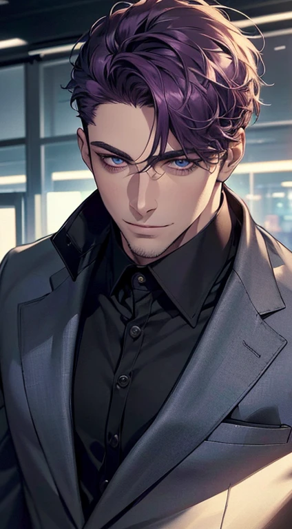 (best quality,4k,8k,highres,masterpiece:1.2),ultra-detailed,(realistic,photorealistic,photo-realistic:1.37),1 man,31 years old,mature man,very handsome,without expression,smile,short purple hair,blue eyes,penetrating gaze,perfect face without errors,imposing posture,businessman,office background,cinematic lighting,hdr image