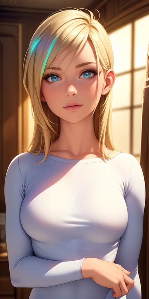 (best quality, ultra-detailed, photorealistic: 1.39), bright and vibrant colors, studio lighting, romantic expression, Beautiful sweatshirt and leggings, in the house, light fabric, platinum blonder hair, small breasts, fit, muscular, short dress, mercenary, (masterpiece:1.2), (best quality), 4k, ultra-detailed, (dynamic composition:1.4), highly detailed, colorful details,( iridescent colors:1.2), (glowing lighting, atmospheric lighting), dreamy, magical,