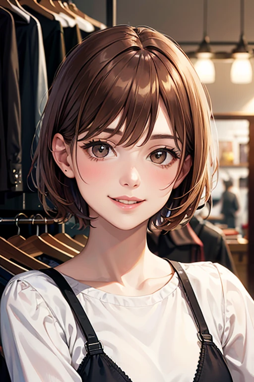 realistic portrait of a 33 year old german woman with brown short hair, works in the clothing store, Smiles