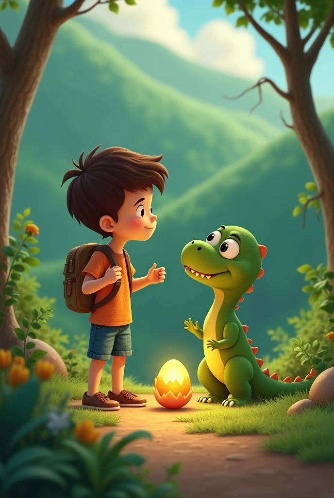Once Upon a time, in a small village surrounded by green hills, a boy named Felipe. Felipe was curious and always dreamed of exciting adventures.. One day, while exploring a nearby forest, found something surprising: A huge, glowing egg hidden in the bushes!
Felipe, emotional, decided to take the egg home. He took great care of it, keeping him warm and speaking softly to him. The days passed, and a good day, the egg began to crack. With a final crunch, The shell broke and came out... A little green dinosaur with big shiny eyes!
Felipe couldn't believe it.. "Te llamaré dino", said, smiling. dino, as if I understood, He wagged his tail and let out a soft roar., which sounded more like a purr. From that moment on, Felipe y dino se volvieron inseparables
Felipe le enseñó a dino a jugar a la pelota, to run through the meadows and hide in the most incredible places. Pero dino también tenía algo especial que enseñar. One day, while walking near a lake, dino se adentró en el agua y le mostró a Felipe cómo nadar, flapping its legs skillfully. Felipe, who had always been afraid of water, He felt brave next to his great friend.
Felipe y dino siguieron viviendo muchas aventuras juntos, exploring new places and learning about each other. And every night, when the stars shone in the sky, Felipe le susurraba a dino: "Thank you for being my friend, dino", y dino respondía con un rugido suave que solo Felipe podía
Y así, in that small town surrounded by green hills, The friendship between a boy and a dinosaur became a legend, proving that in the heart of a child, anything.