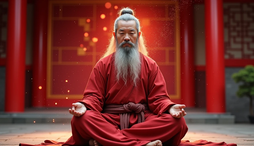 赤い寺を背景に30歳の中年アジア人Taoismの長老のクローズアップ,length, Grey hair，barba lengtha，Meditating cross-legged，Taoism, Vestind um mant sinza，Magical Aura，Taoism master,Taoism，Very bright color, Particles of light, In bright light, Musibu, Wallpaper Art, UHD wallpaper