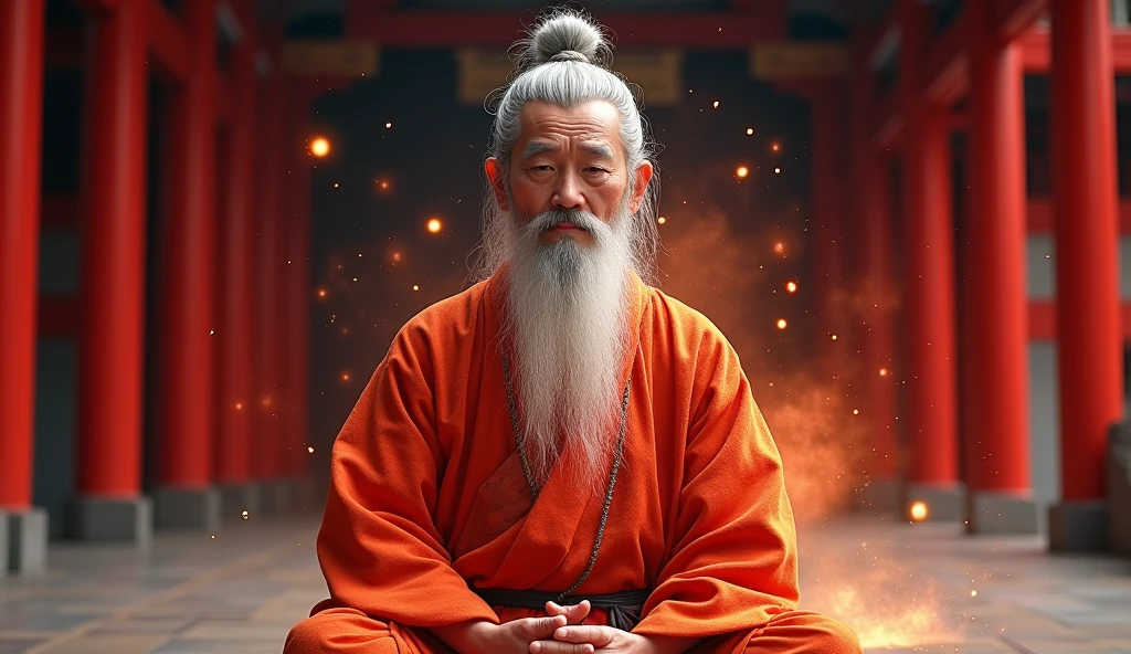 赤い寺を背景に30歳の中年アジア人Taoismの長老のクローズアップ,length, Grey hair,barba lengtha,Meditating cross-legged,Taoism, Vestind um mant sinza,Magical Aura,Taoism master,Taoism,Very bright color, Particles of light, In bright light, Musibu, Wallpaper Art, UHD wallpaper