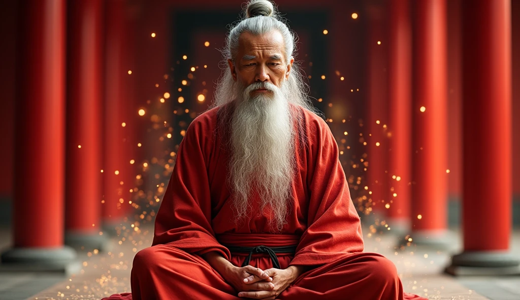 赤い寺を背景に30歳の中年アジア人Taoismの長老のクローズアップ,length, Grey hair,barba lengtha,Meditating cross-legged,Taoism, Vestind um mant sinza,Magical Aura,Taoism master,Taoism,Very bright color, Particles of light, In bright light, Musibu, Wallpaper Art, UHD wallpaper