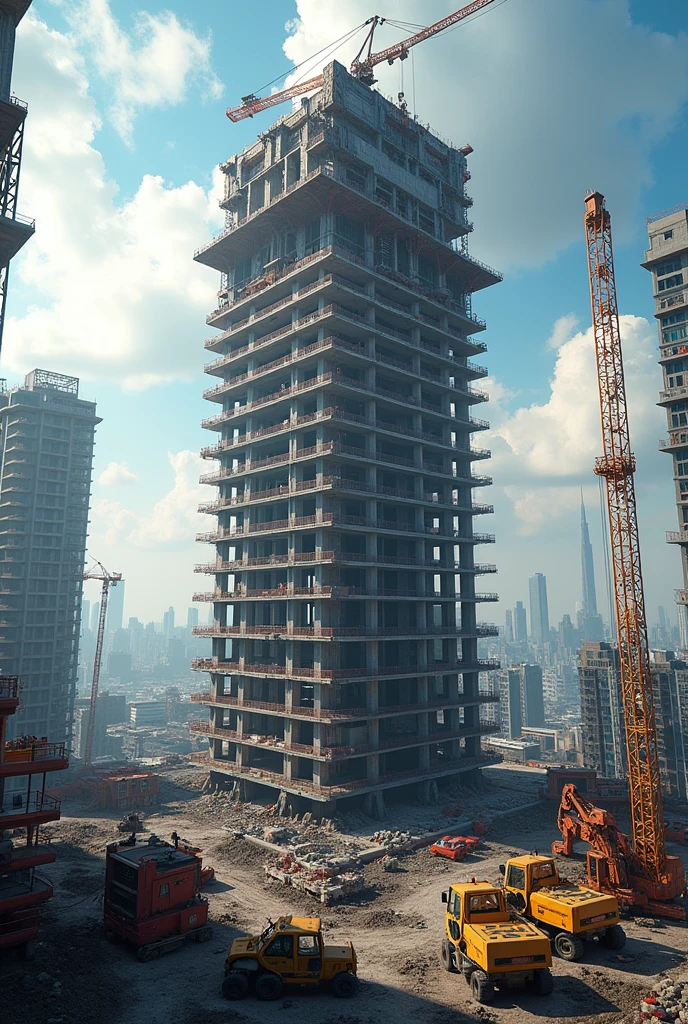 (photorealism:1.2), High-rise building under construction, machines working, beautiful photography, flips the image 45 degrees