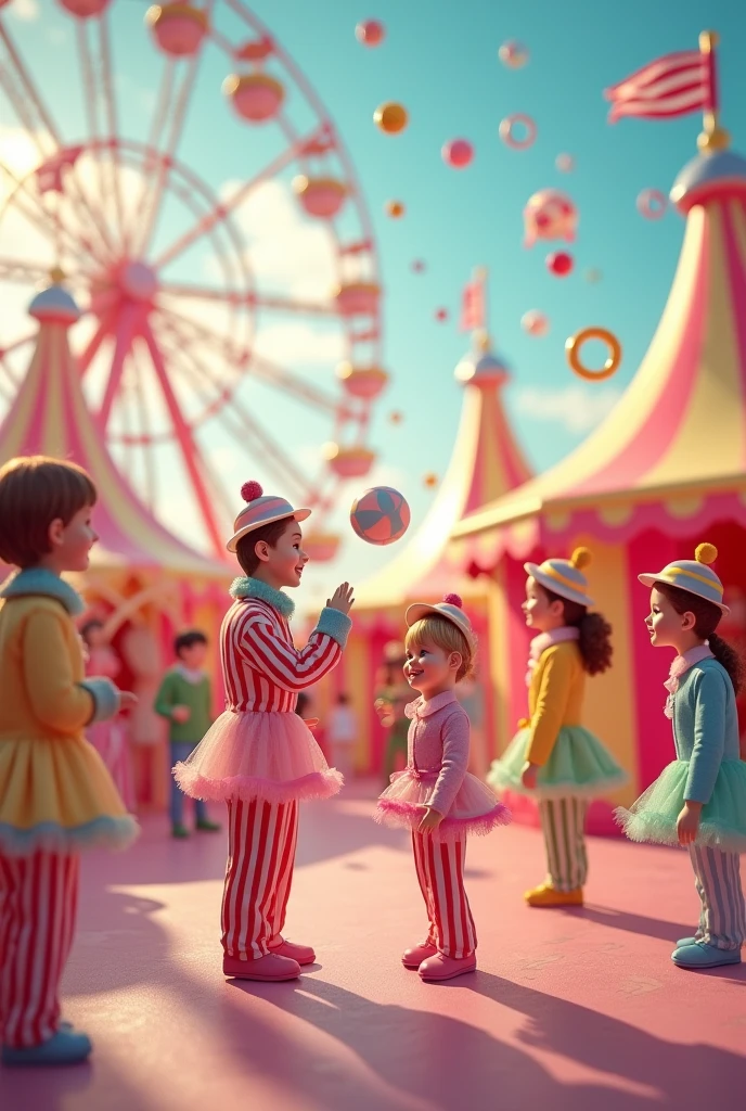 Circus scenes in candy colors, with dolls of girls and boys and colorful tents all in baby pink, baby yellow, baby green, baby blue, illuminated by bright and happy lights. Clowns wearing striped clothes in the same colors mentioned above and exaggerated hats, jugglers launching balls and rings into the air, and acrobats performing impressive jumps. In the background, a Ferris wheel illuminated with colorful neon lights. The predominant colors are baby pink, baby yellow, baby green and baby blue, all in radiant candle tones, creating a festive and enchanting atmosphere."