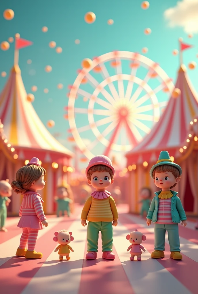 Circus scenes in candy colors, with dolls of girls and boys and colorful tents all in baby pink, baby yellow, baby green, baby blue, illuminated by bright and happy lights. Clowns wearing striped clothes in the same colors mentioned above and exaggerated hats, jugglers launching balls and rings into the air, and acrobats performing impressive jumps. In the background, a Ferris wheel illuminated with colorful neon lights. The predominant colors are baby pink, baby yellow, baby green and baby blue, all in radiant candle tones, creating a festive and enchanting atmosphere."