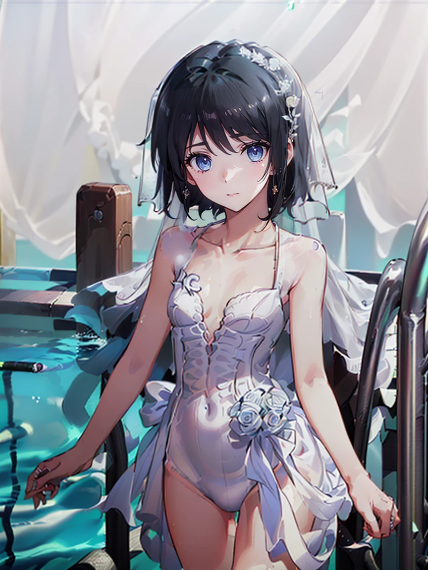 (((High resolution:1.5))), (((Very detailedな:1.5))),BREAK, (((Pool:1.5)))、BREAK,((7Head to Body:1.3))、(((Beautiful and detailed eyes:1.3))), (((Very detailed))), (((Details face:1.5))), (((clavicle:1.5)))、(((Very delicate body:1.5)))、(((flat chest:1.4)))、(((Waist:1.3)))、(((thigh gap:0.4))),(((Black Hair:1.5)))、(((short hair:1.6))),(((Normal limbs)))、(boyish:1.5)))、(((Wedding dress:1.5)))、(((head:1.3)))、(((from front:1.1))),Anime-like、