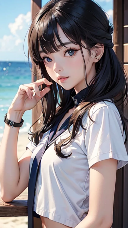 ((top quality, 8 K, masterpiece: 1.3)), 1 girl, Pretty japanese woman, which emphasizes slim abs: 1.3, (casual hairstyle, small breast: 1.2), uniform: 1.2, 1 boil, Pretty japanese woman, which emphasizes slim abs. No.: 1.4, (casual hairstyle, standard breast: 1.2), uniform: 1.2, beach, super detailed face, detailed eyes, double eyelid